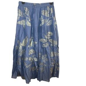 Rhea Gold Foil Leaf Tasseled Tiered Boho Maxi Skirt Indigo Blue One Size